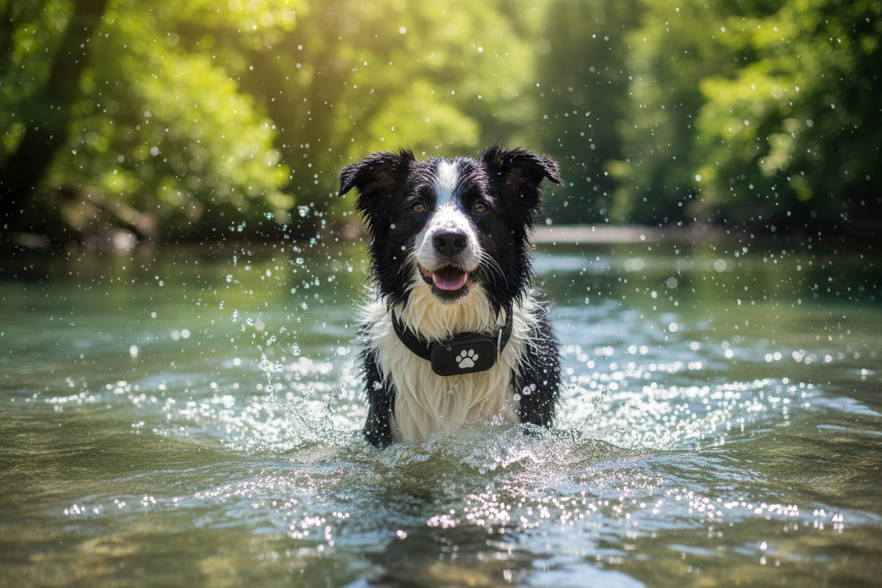 Border collie qui nage avec le collier GPS Trakelo waterproof
