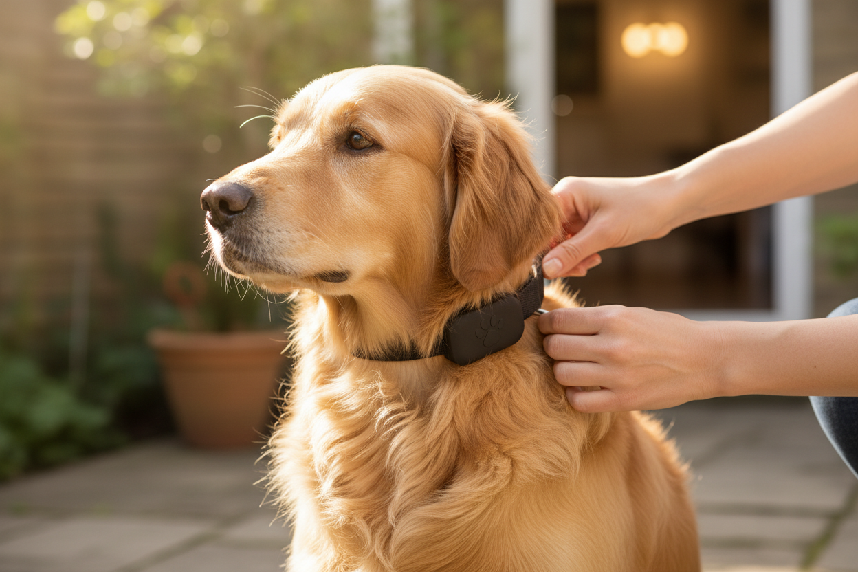 Propriétaire qui attache le collier GPS Trakelo sur son chien